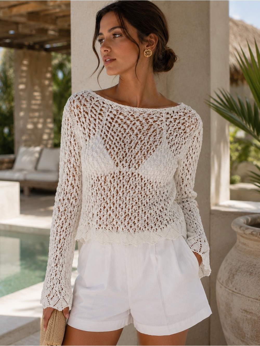 Cute Crochet White Long Sleeve Top